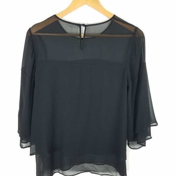 ECRU 100% Silk Chiffon Black Ruffle Layered Blouse XS - Picture 8 of 11